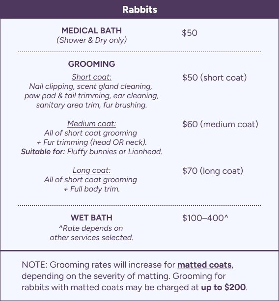Rabbit grooming for short coat includes nail clipping, scent gland cleaning, paw pad and tail trimming, ear cleaning, sanitary area trim, and fur brushing. Medium coat and long coat includes fur trimming or full body trim. Wet bath and medical bath are also available for rabbits.